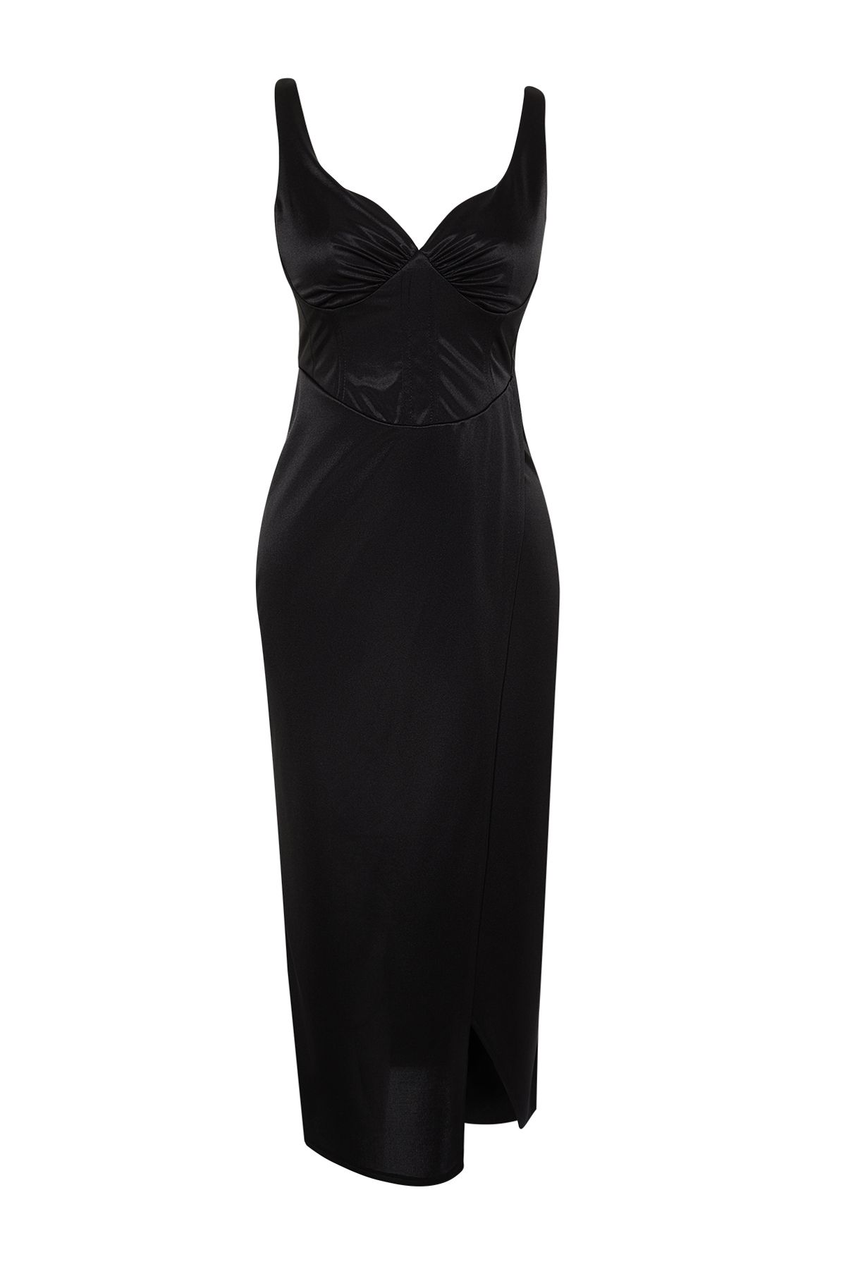 Trendyol Collection-Rochie neagră drapeată cu satin - TPRSS24EL00054 7