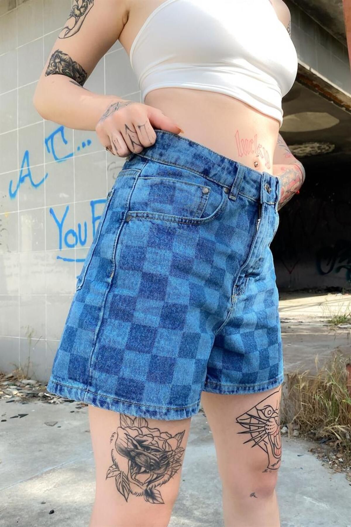 Checkered 2024 jean shorts