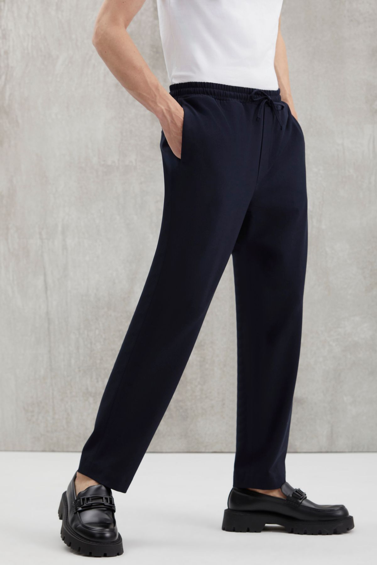Navy slim leg trousers store