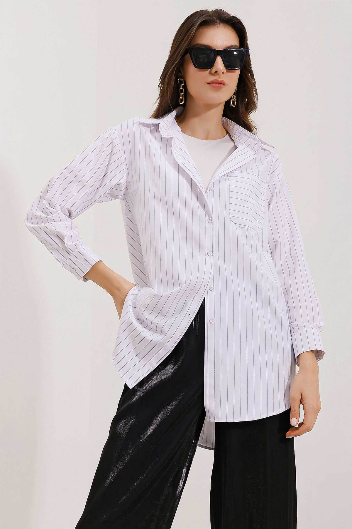 BGD Women Cep Detaylı Çizgili Oversize Gömlek - Bej - Hawthorne main image 0