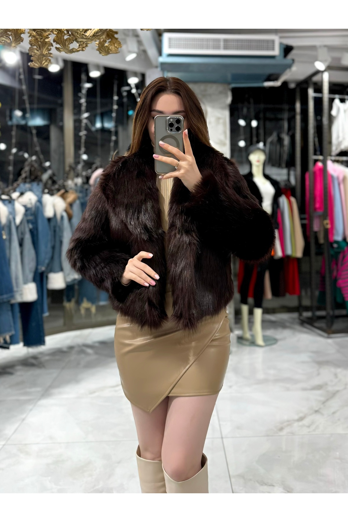 Tilya Shawl Collar Fur Short Coat Black-Grey