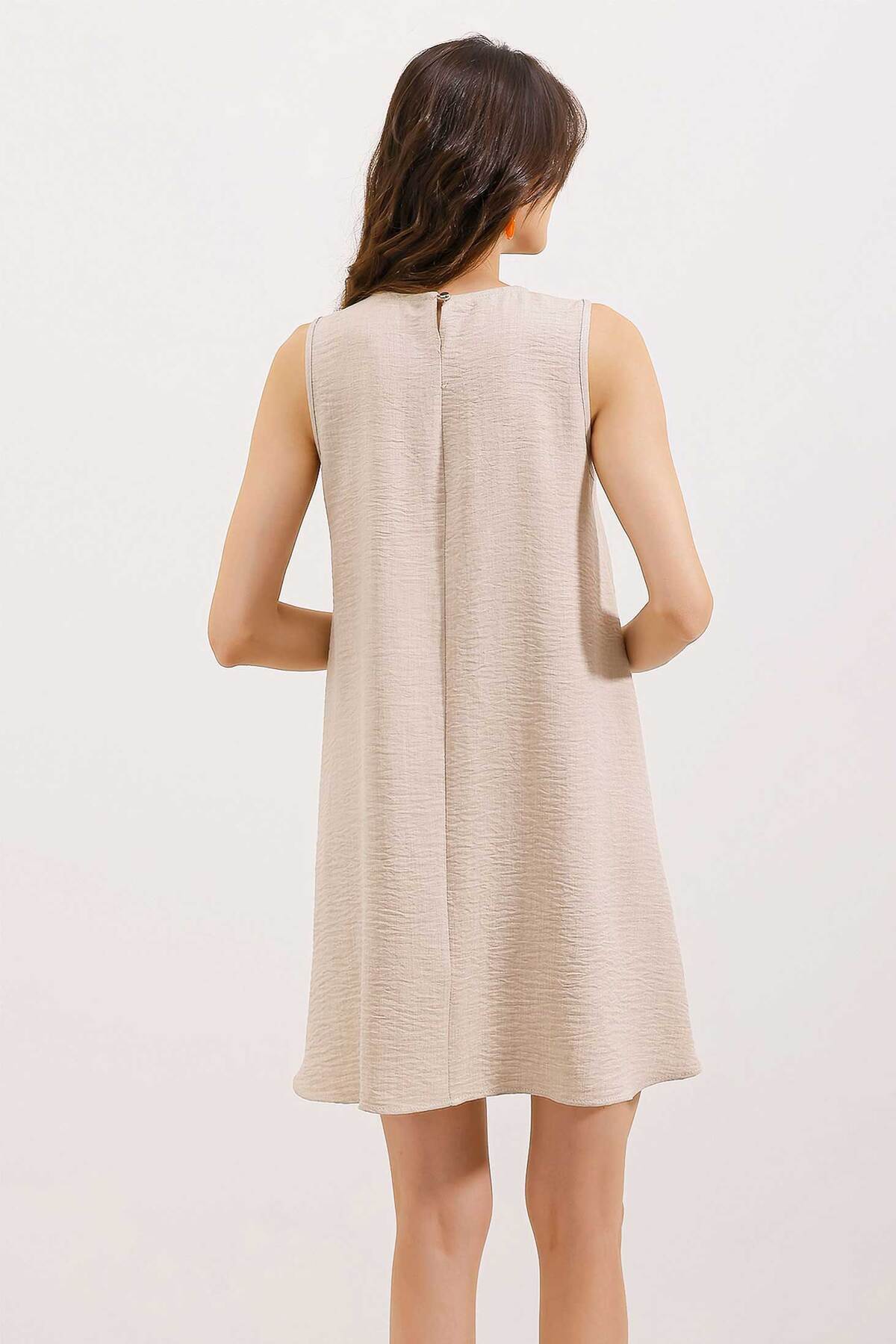 Bigdart-2444 Detailed Mini Linen Dress - Beige 4