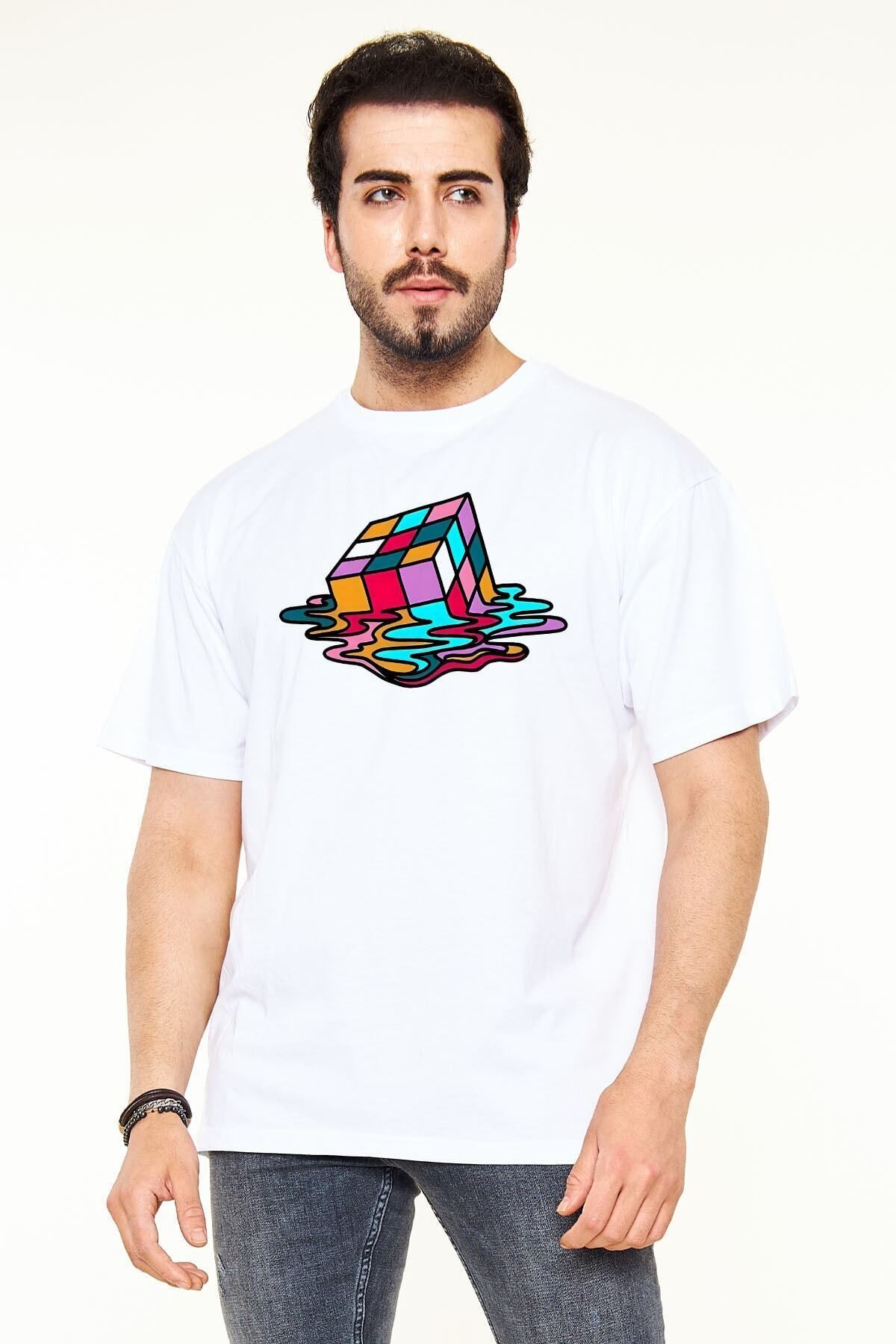 Pisa Art-Melting Rubik's Cube Printed Unisex White Oversize Tshirt 2