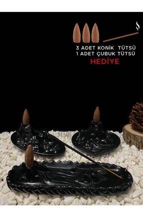 Main Collectibles Himalaya 3'lü Set Kalp Dağ Temalı Geri Akış Tütsülük Siyah ...