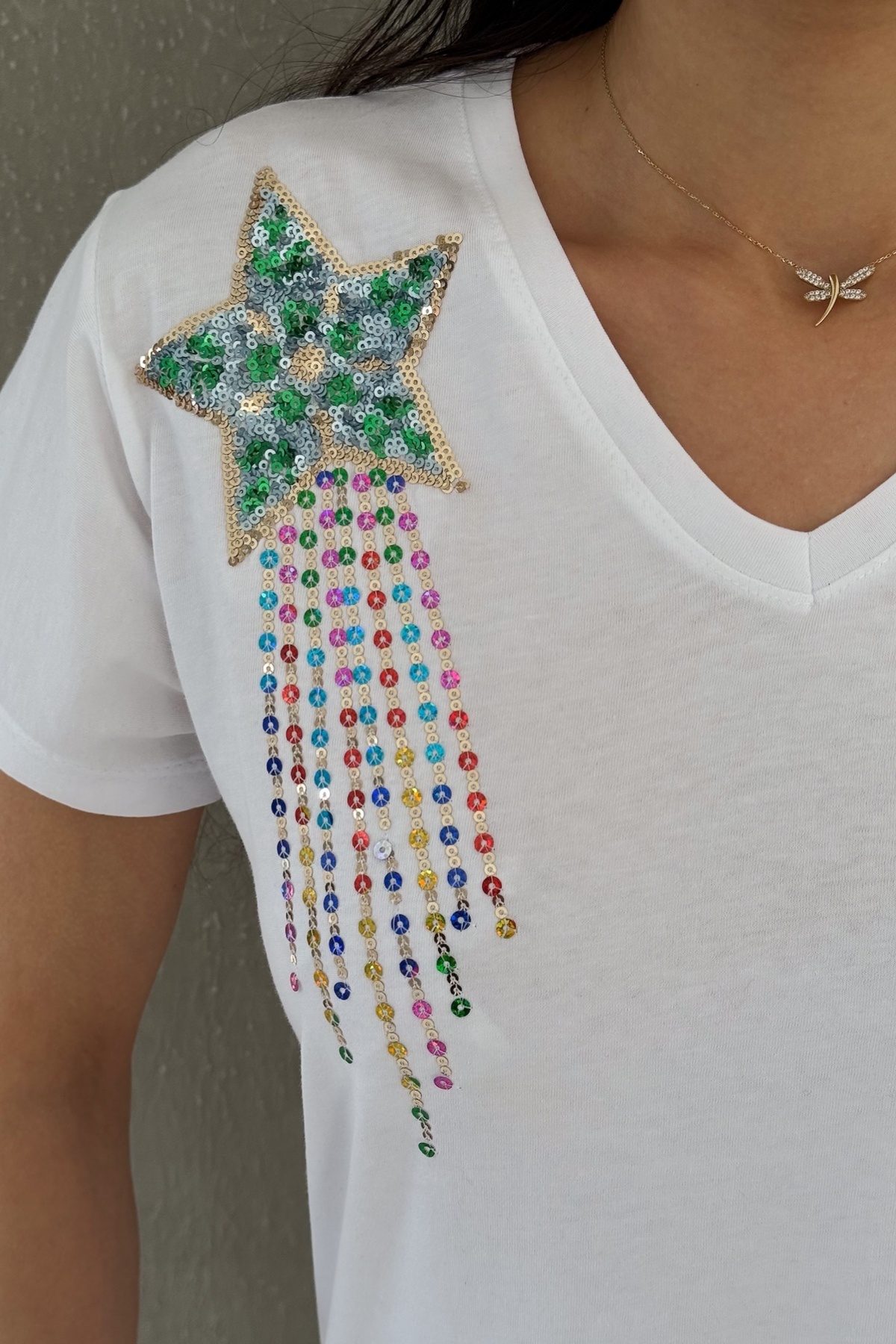 FEMELLE-Women's White V-Neck Shoulders Star Sequin Sequin Embroidered 100% Cotton T-Shirt 2