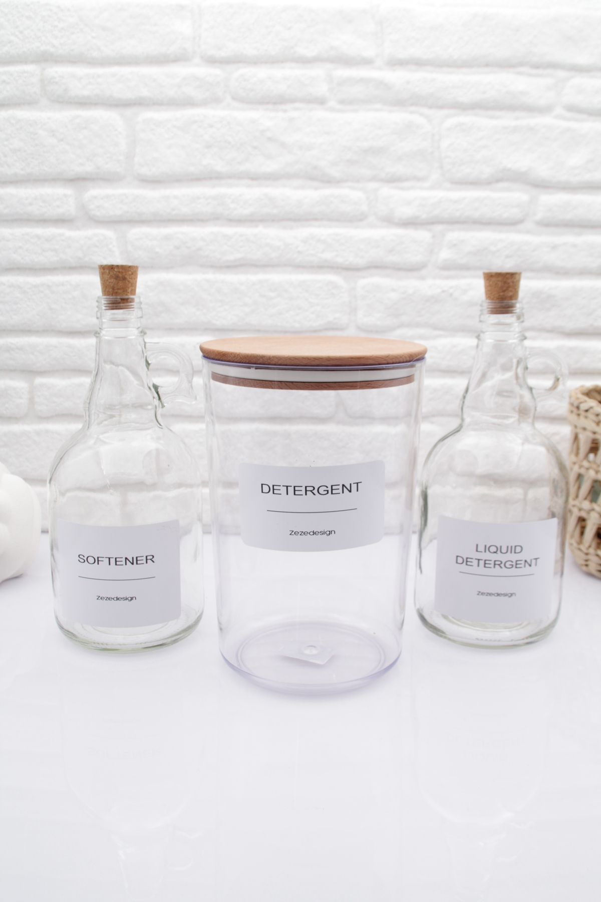 zezedesing-Set of 3 - Powder Detergent Jar with Wooden Lid & Liquid Detergent and Softener Bottle Cork Lid 2