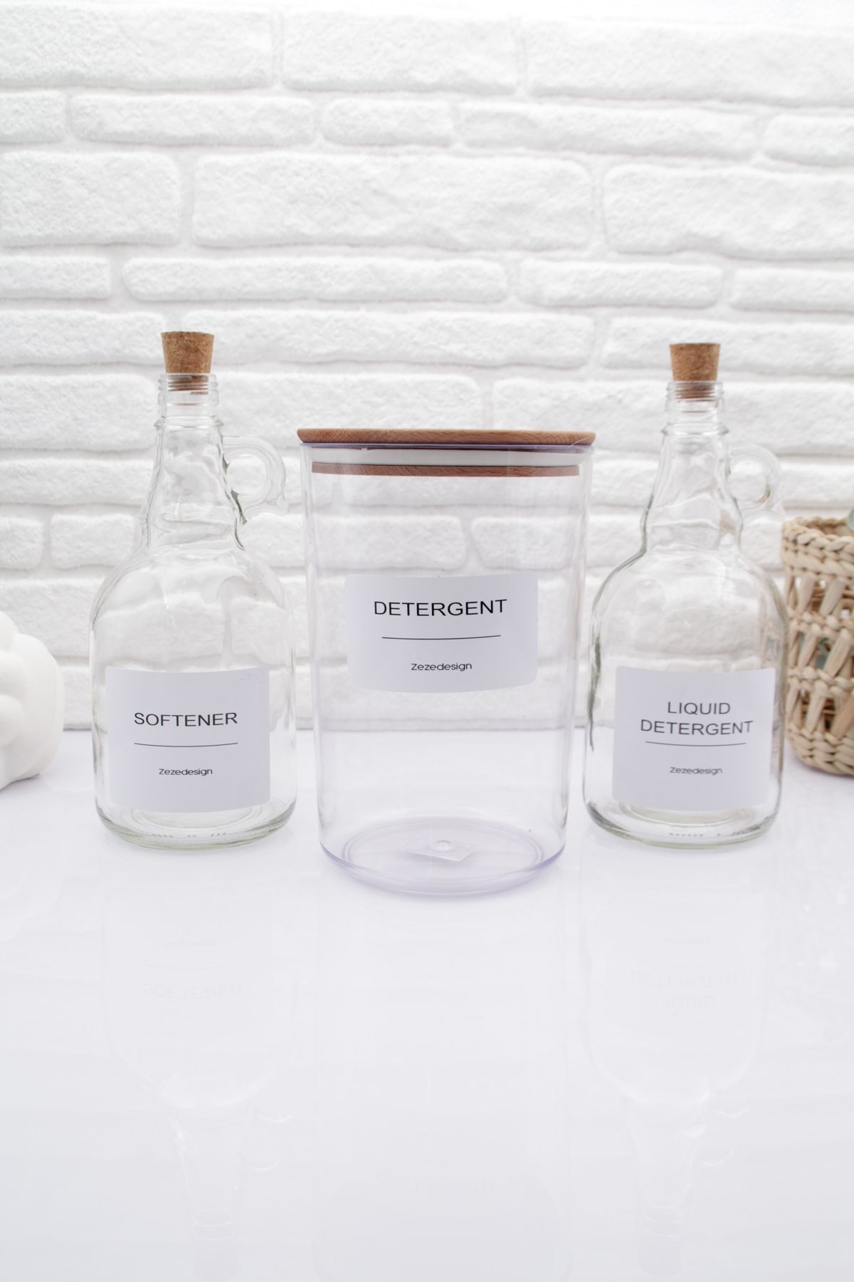 zezedesing-Set of 3 - Powder Detergent Jar with Wooden Lid & Liquid Detergent and Softener Bottle Cork Lid 1