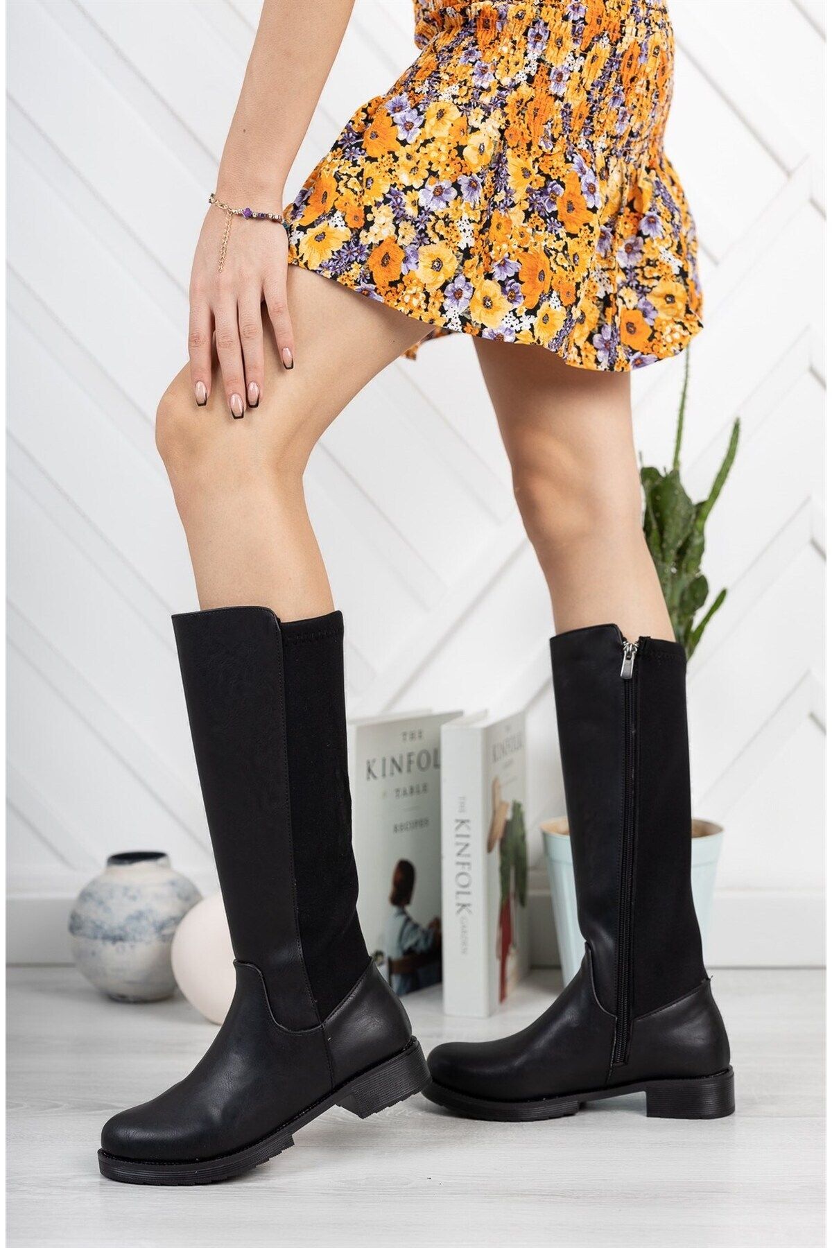 Black fabric knee high boots discount