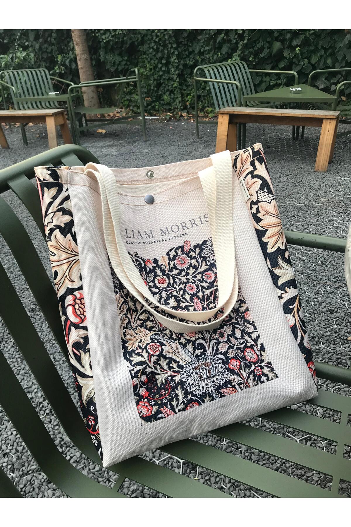 pamukcanta  William Morris Kanvas Bez Çanta Yıkanabilir Metal Çıtçıtlı Cepli - Görsel 8
