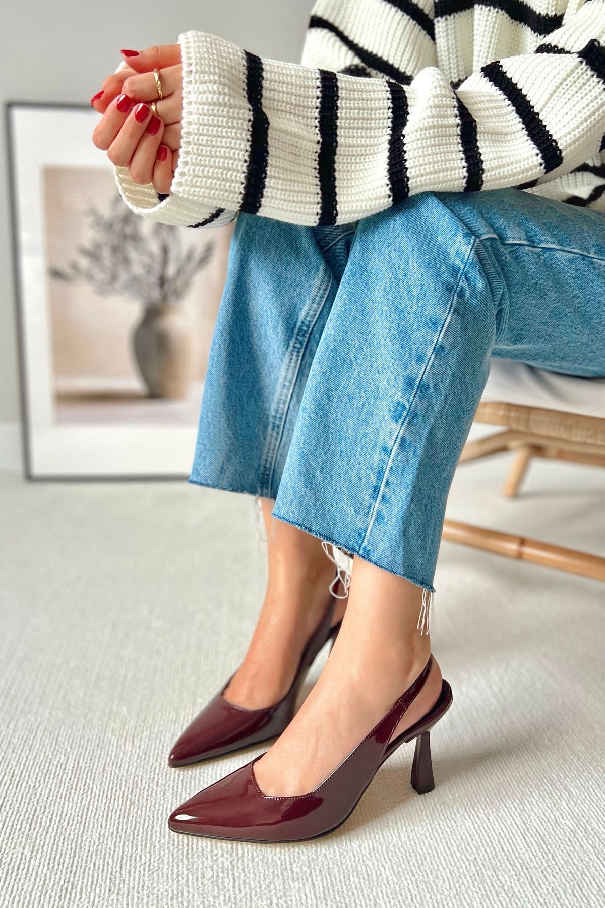 POLKA STORE Spark Piele Lacuita Bordeaux Varf Ascutit Spatele Rochie De Seară Stiletto Deschisa Pantofi De Damă Cu Toc Rosu Visiniu Femeie - 36