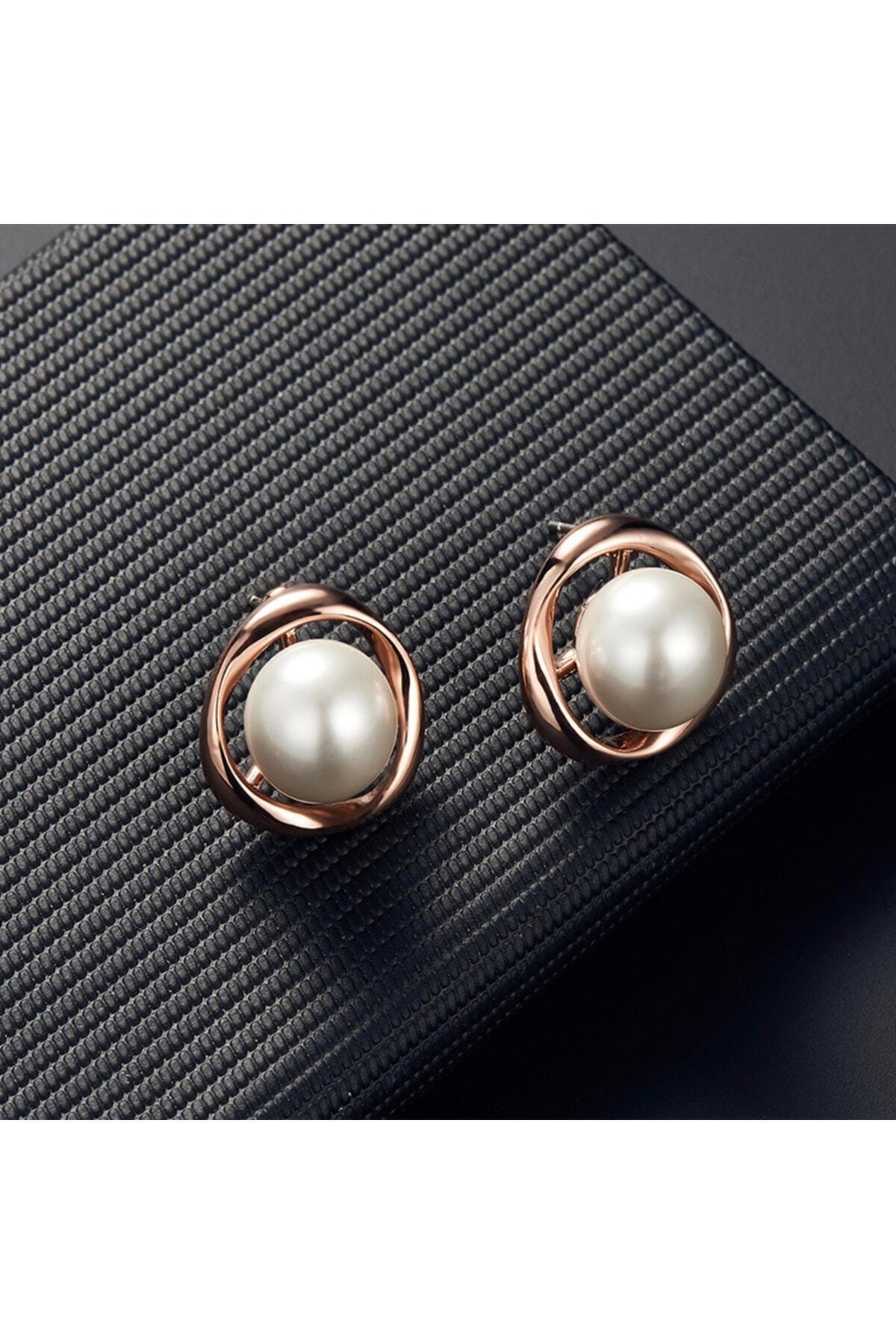 Pearl Inci Taşlı Rose Gold Kolye Küpe Sade Şık Gelin Düğün Hediye Takı Seti 2
