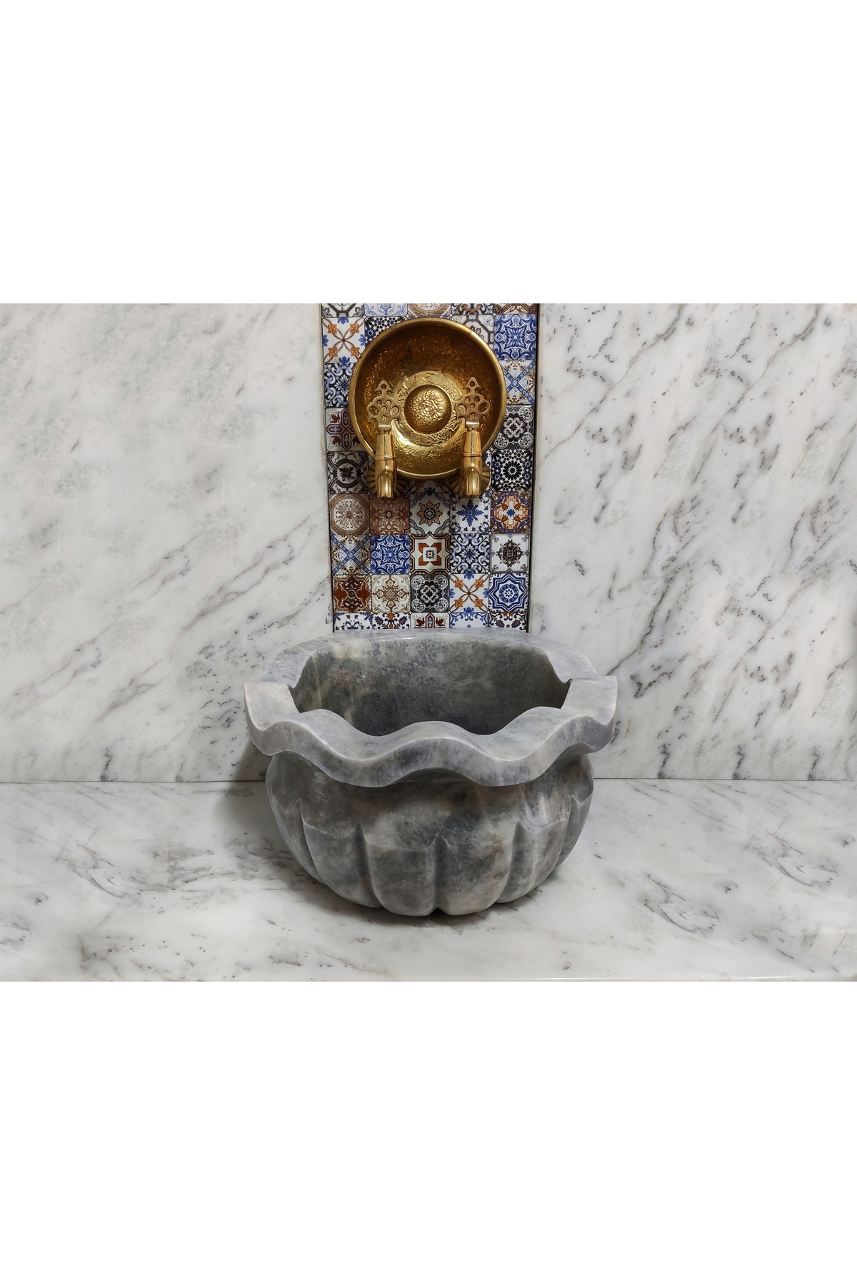 banyodecor Gri Dalgalı Kavun Dilimli Mermer Kurna