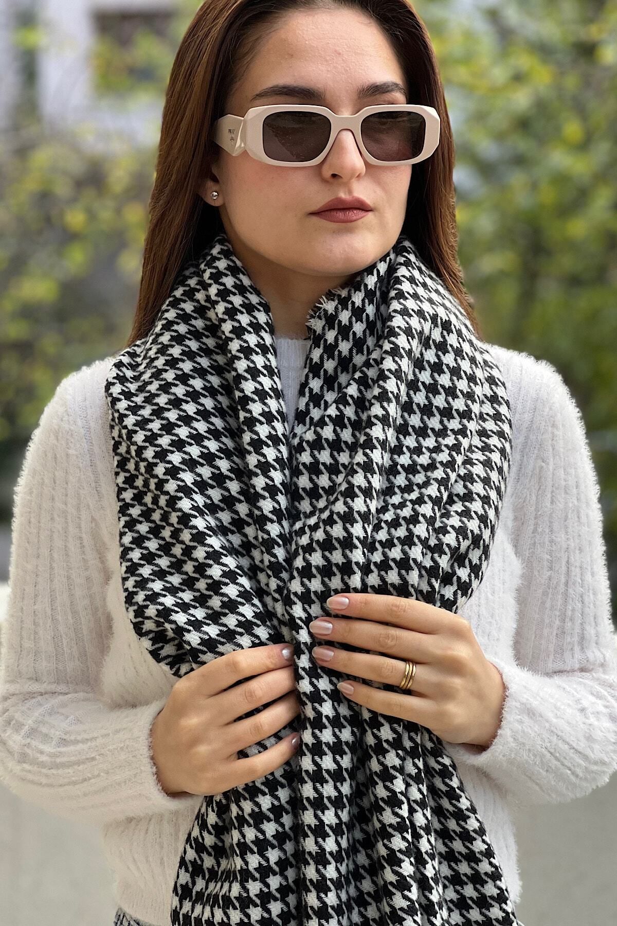 novon-Houndstooth Patterned Wool Textured Scarf 3