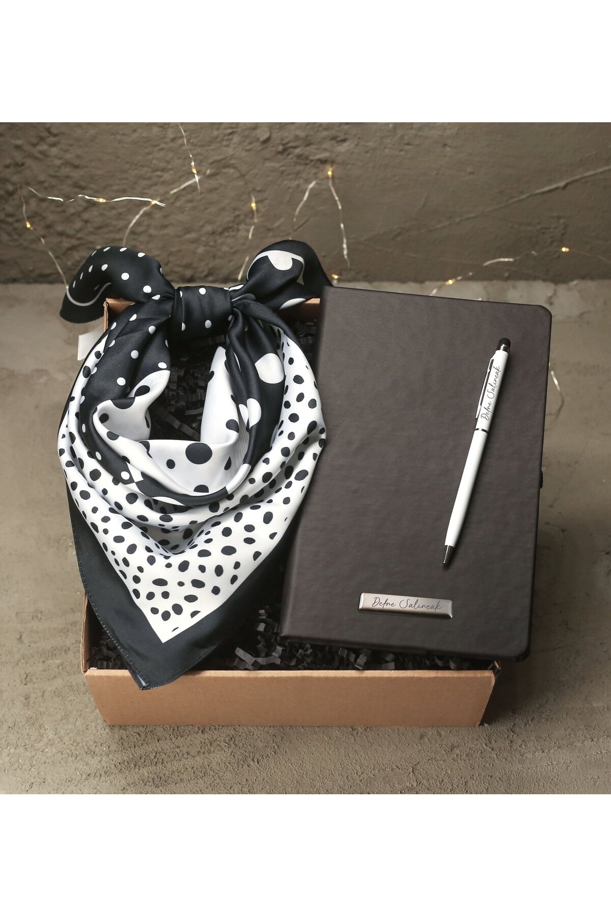 Personalized Black Notebook & Personalized Metal Touchpen Pen & Colorful Scarf Gift Set