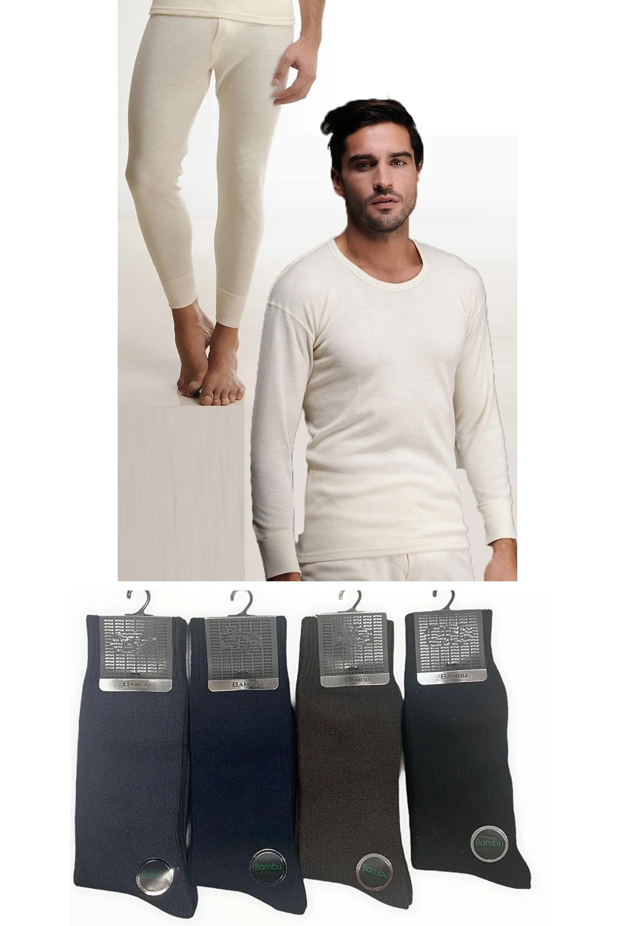 Hasyün-Men's Extra Soft Wool Long Sleeve Undershirt-DON SET 4 PAIRS ORGANIC WOOL BAMBOO SOCKS WITH GIFT 1