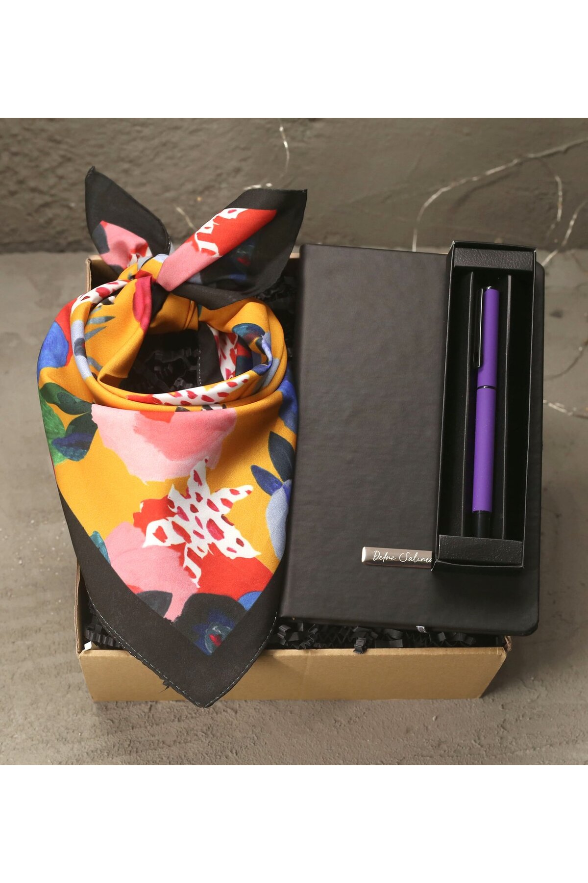 Personalized Black Notebook & Purple Metal Rollerball Pen & Colorful Scarf Gift Set