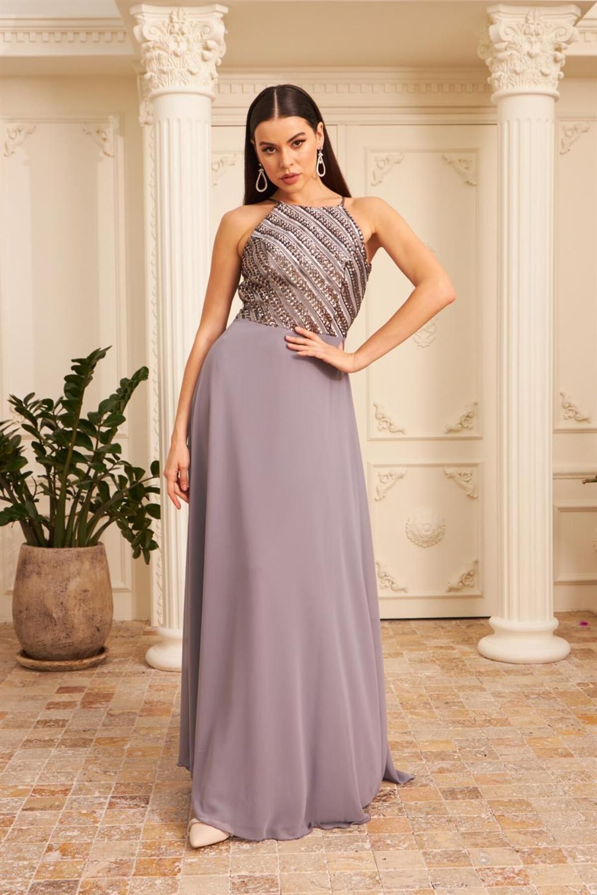 CARMEN Gray Chiffon Sequined Long Evening Dress and Invitation