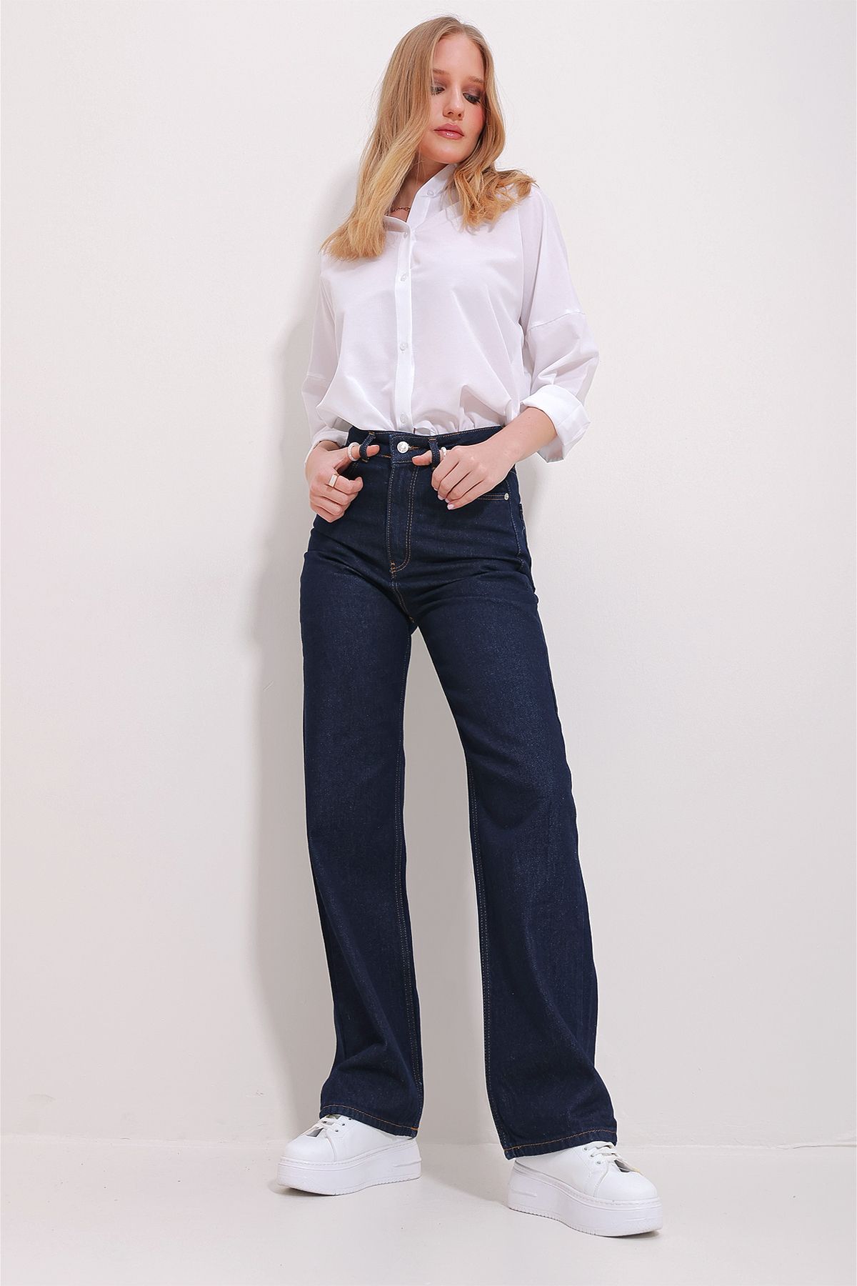 Kadın Koyu Lacivert Yüksek Bel 5 Cepli Wide Leg Palazzo Pantolon ALC-X11470