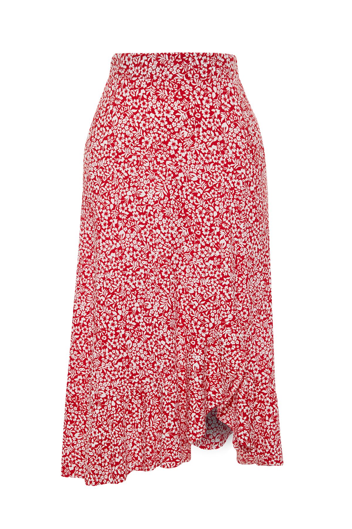 Trendyol Collection-Roter bedruckter Stretchrock mit hoher Taille, Raffung und Volant TWOSS21ET0029 7