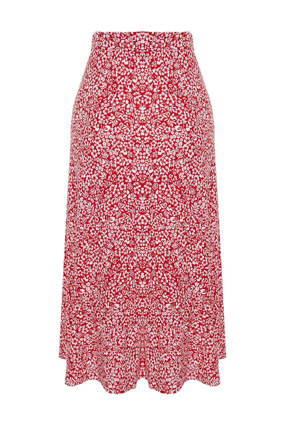Trendyol Collection-Roter bedruckter Stretchrock mit hoher Taille, Raffung und Volant TWOSS21ET0029 8