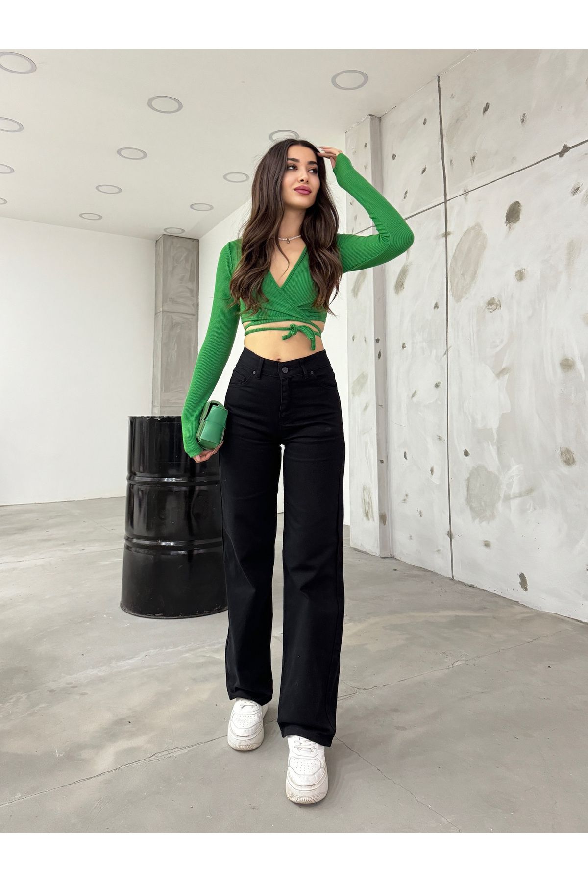 BİKELİFE-Schwarze, hoch taillierte, dehnbare Lycra-Jeans mit weitem Bein für Damen 6
