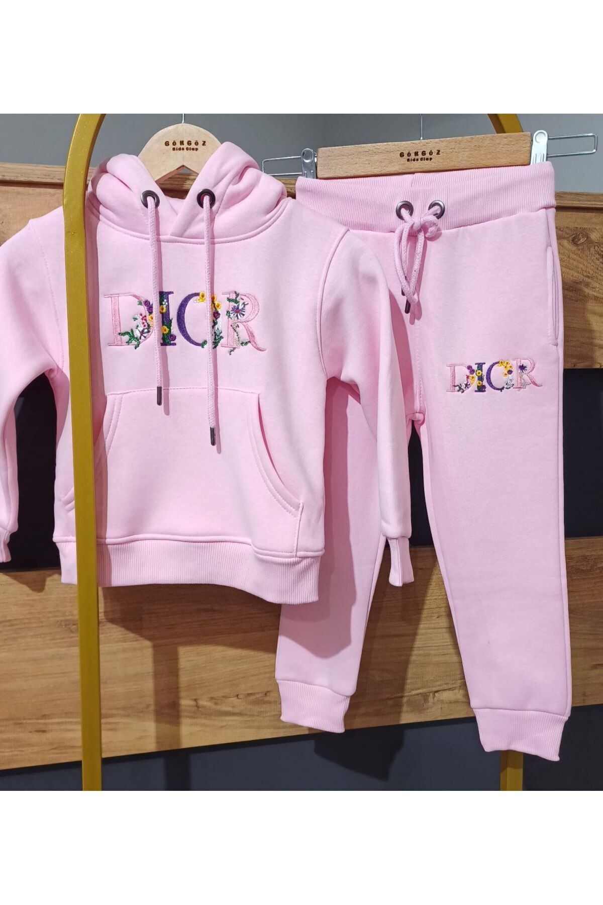 gökgöz-Girl's Penbe Color Hooded Hooded Trend Dior Embroidery Detailed Top and Bottom Set 2