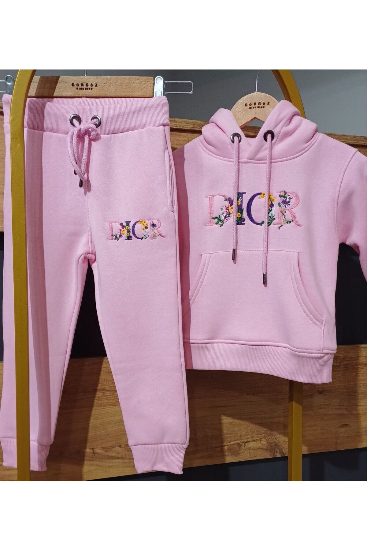 gökgöz-Girl's Penbe Color Hooded Hooded Trend Dior Embroidery Detailed Top and Bottom Set 6