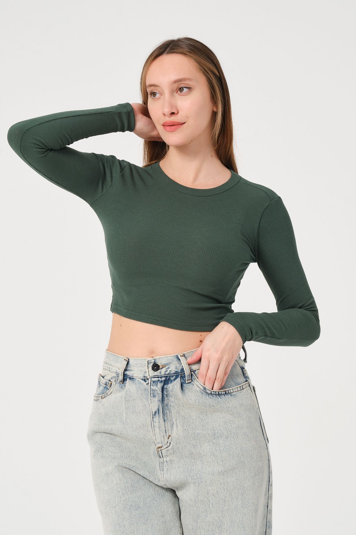 PUNKY CAT-Women's Petrol Green Long Sleeve Ribbed Blouse Crop Knitted T-Shirt 2