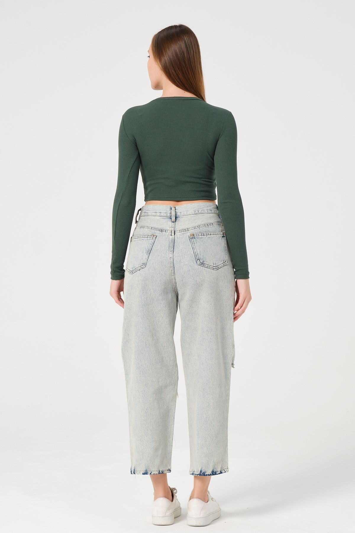 PUNKY CAT-Women's Petrol Green Long Sleeve Ribbed Blouse Crop Knitted T-Shirt 4