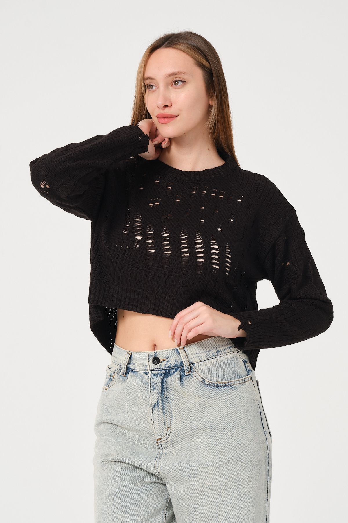 PUNKY CAT-Women's Black Openwork Crew Neck Crop Knitwear Sweater 5