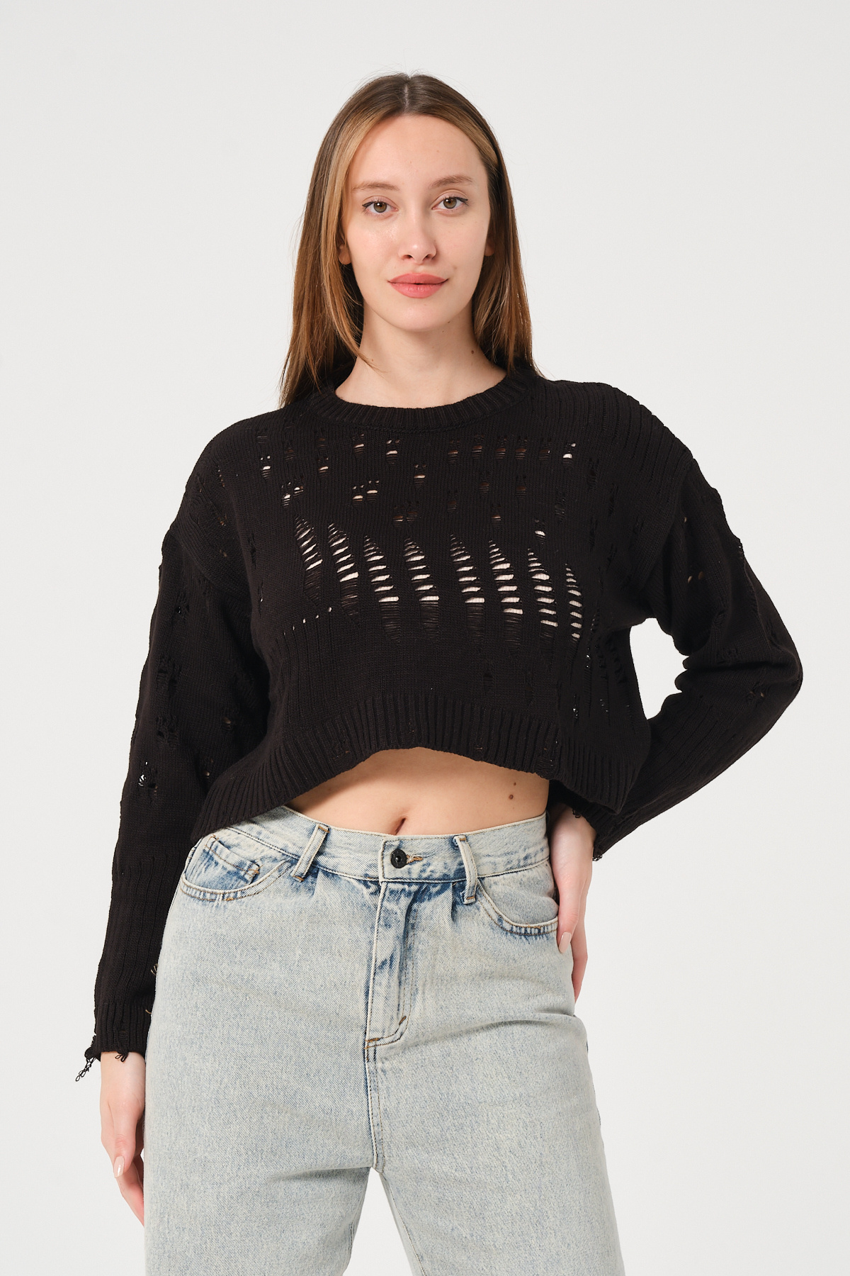 PUNKY CAT-Women's Black Openwork Crew Neck Crop Knitwear Sweater 7