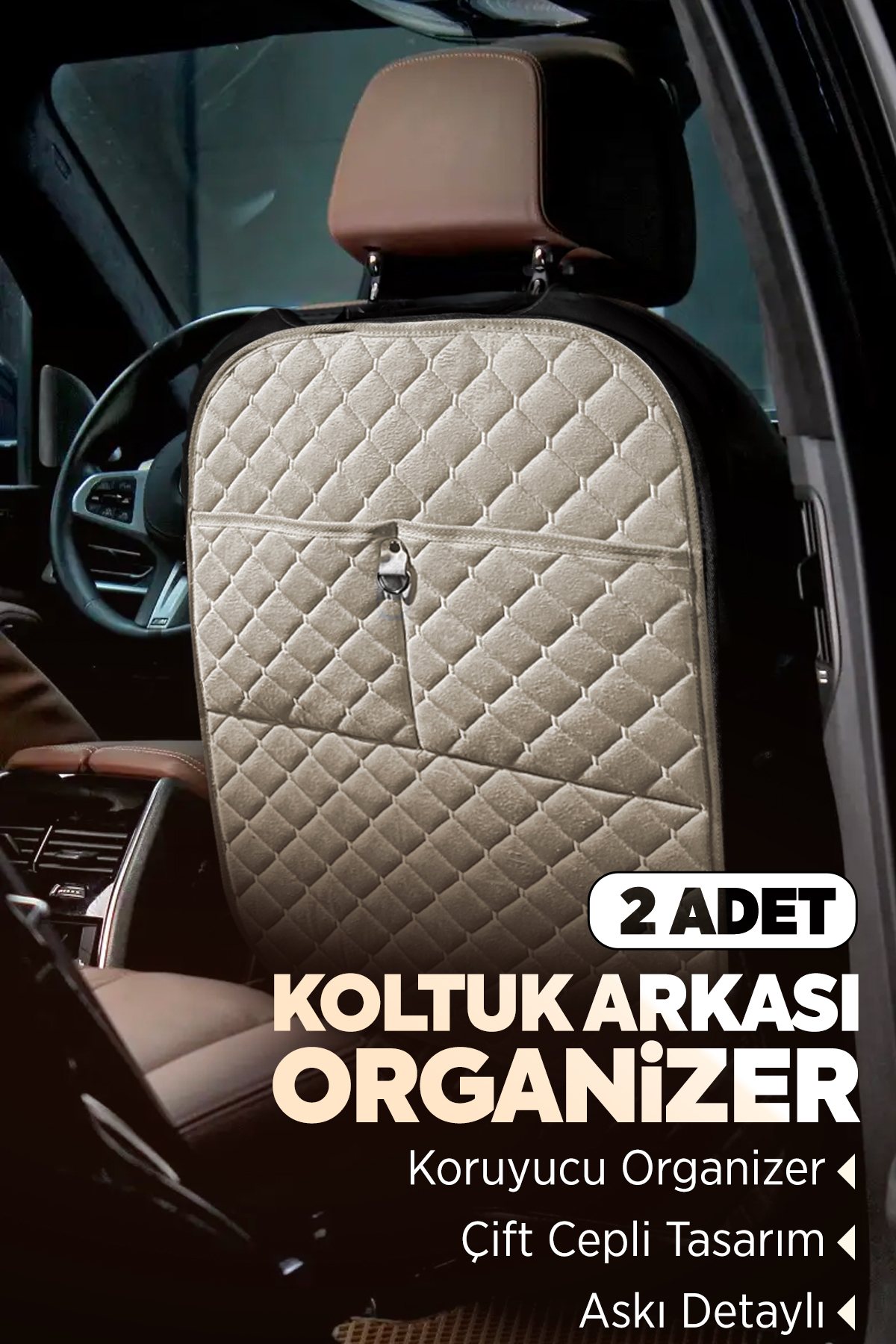 TORPEDO Tay Tüyü Kapitone Oto Koltuk Arkası Koruyucu Organizer - Araç İçi Organizeri Bej 2 Adet fotoğrafı 2 (önizleme)