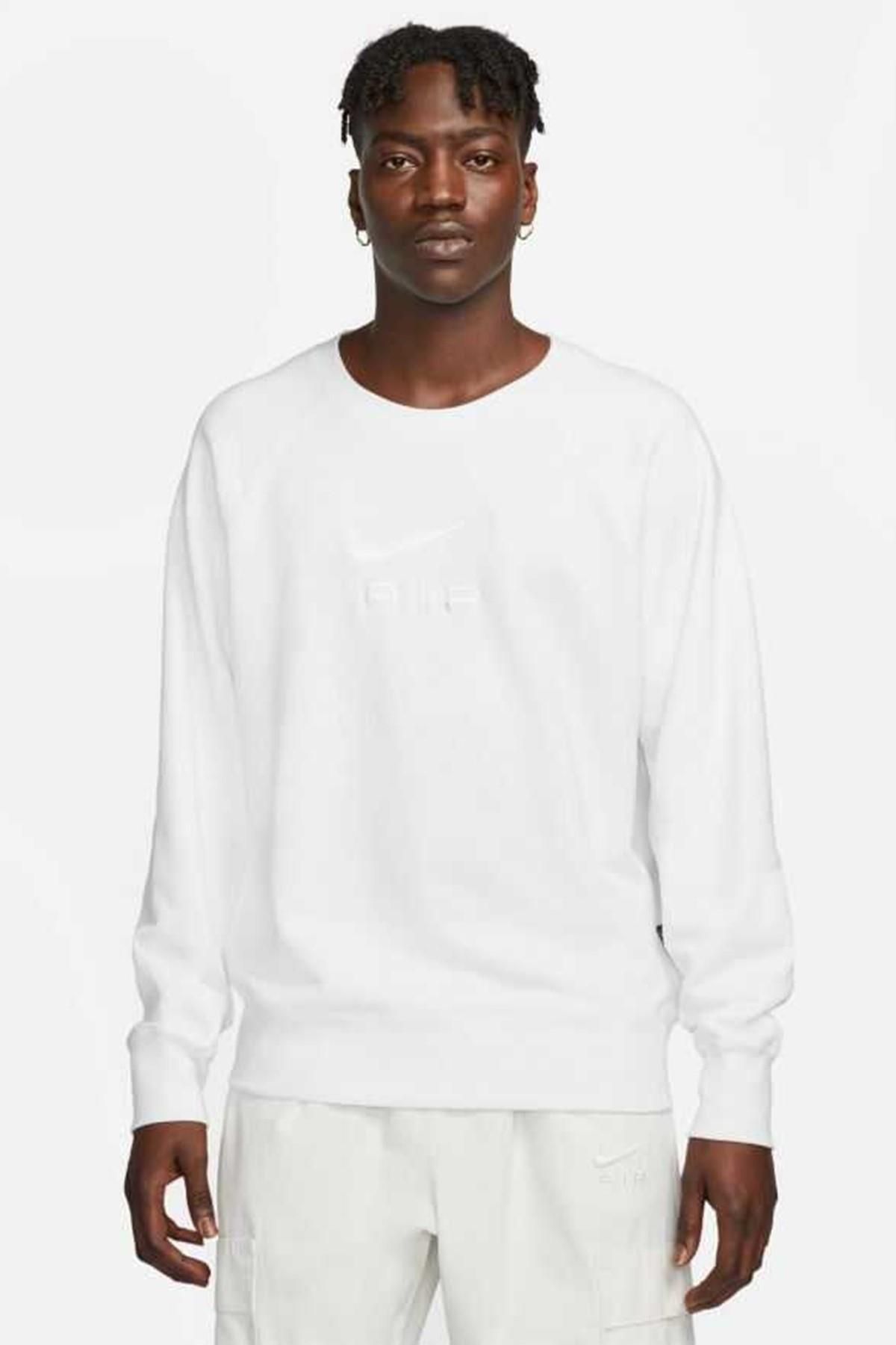 Nike Air Crew Loose Fit Sweatshirt White Bol Kesim Bisiklet Yaka Erkek Sweatshirt Beyaz Erkek Giyim