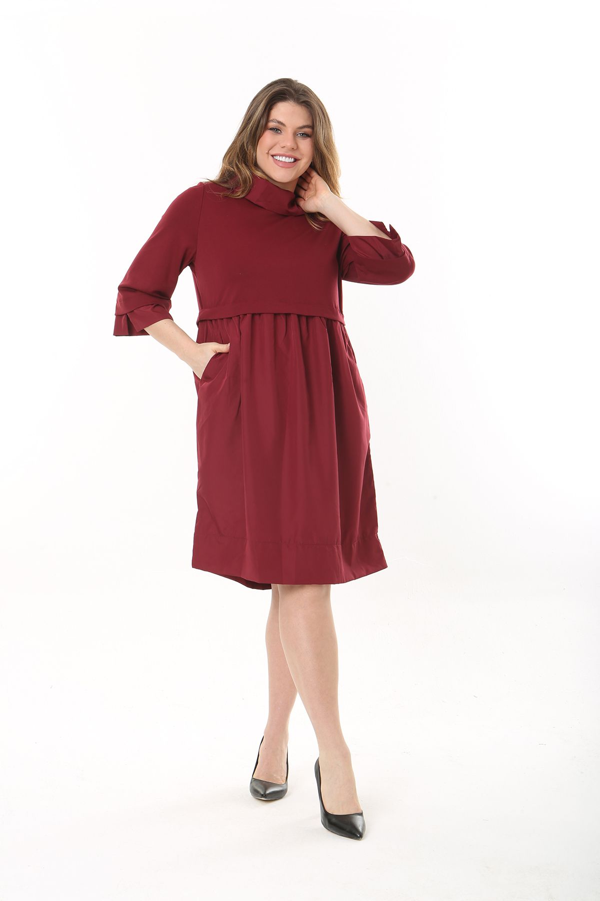 Şans-Women's Plus Size Burgundy Collar Sleeve and Skirt Taffeta Fabric Dress 65N37545 6