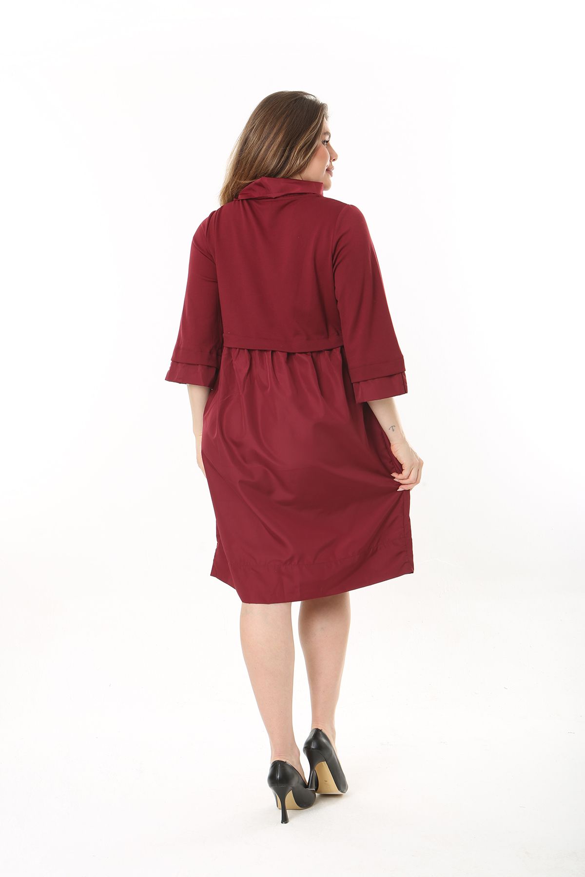Şans-Women's Plus Size Burgundy Collar Sleeve and Skirt Taffeta Fabric Dress 65N37545 2