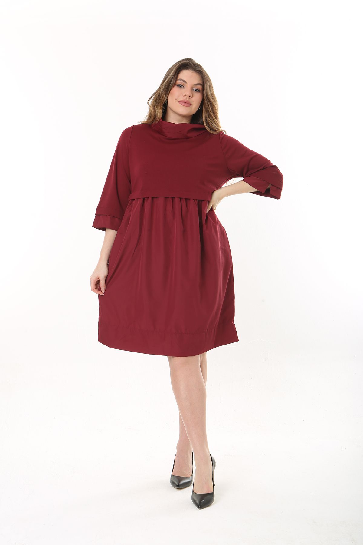 Şans-Women's Plus Size Burgundy Collar Sleeve and Skirt Taffeta Fabric Dress 65N37545 3