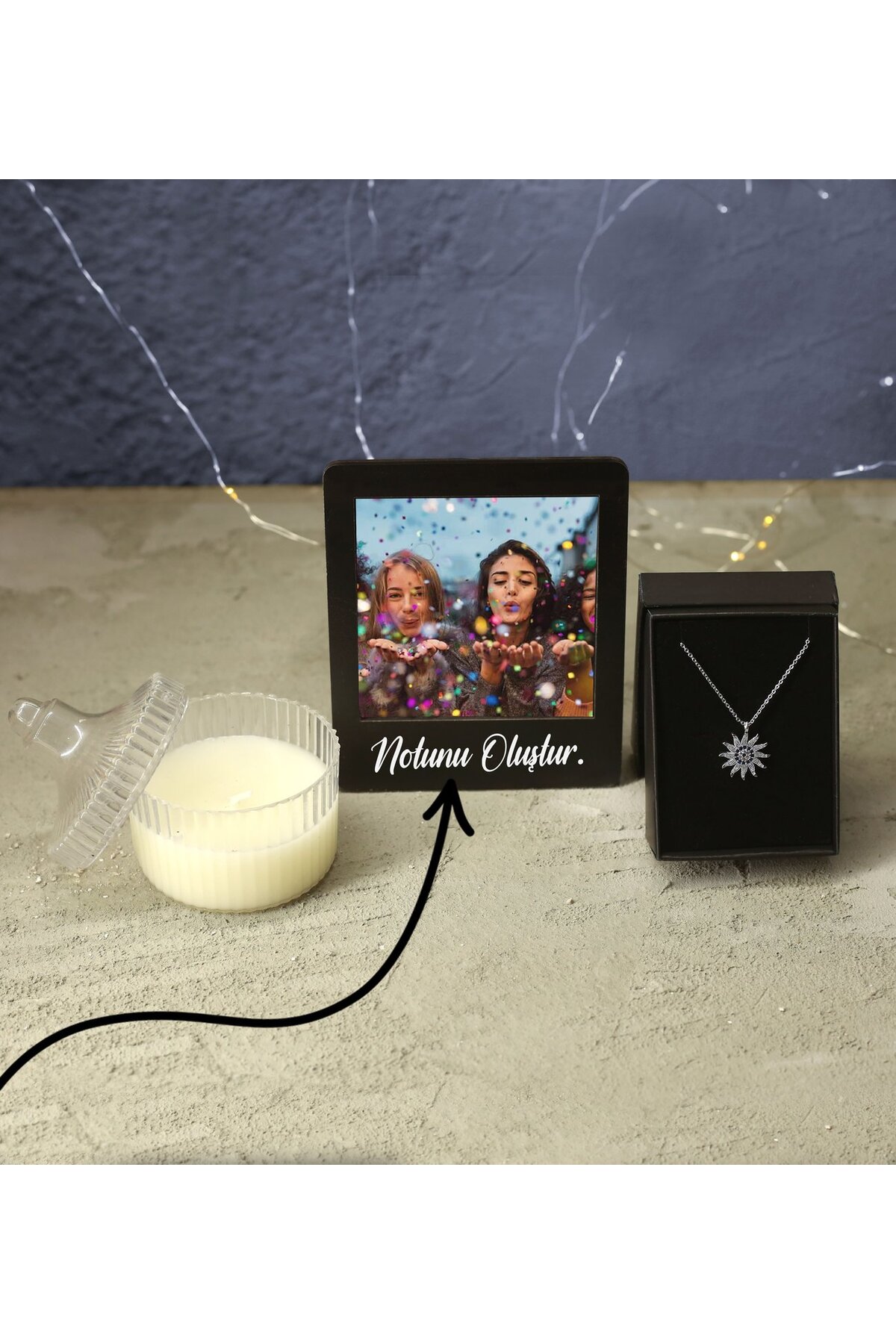 Personalized Instagram Frame & Silver Star Model Zircon Necklace & Decorative Covered Candle Gift Set
