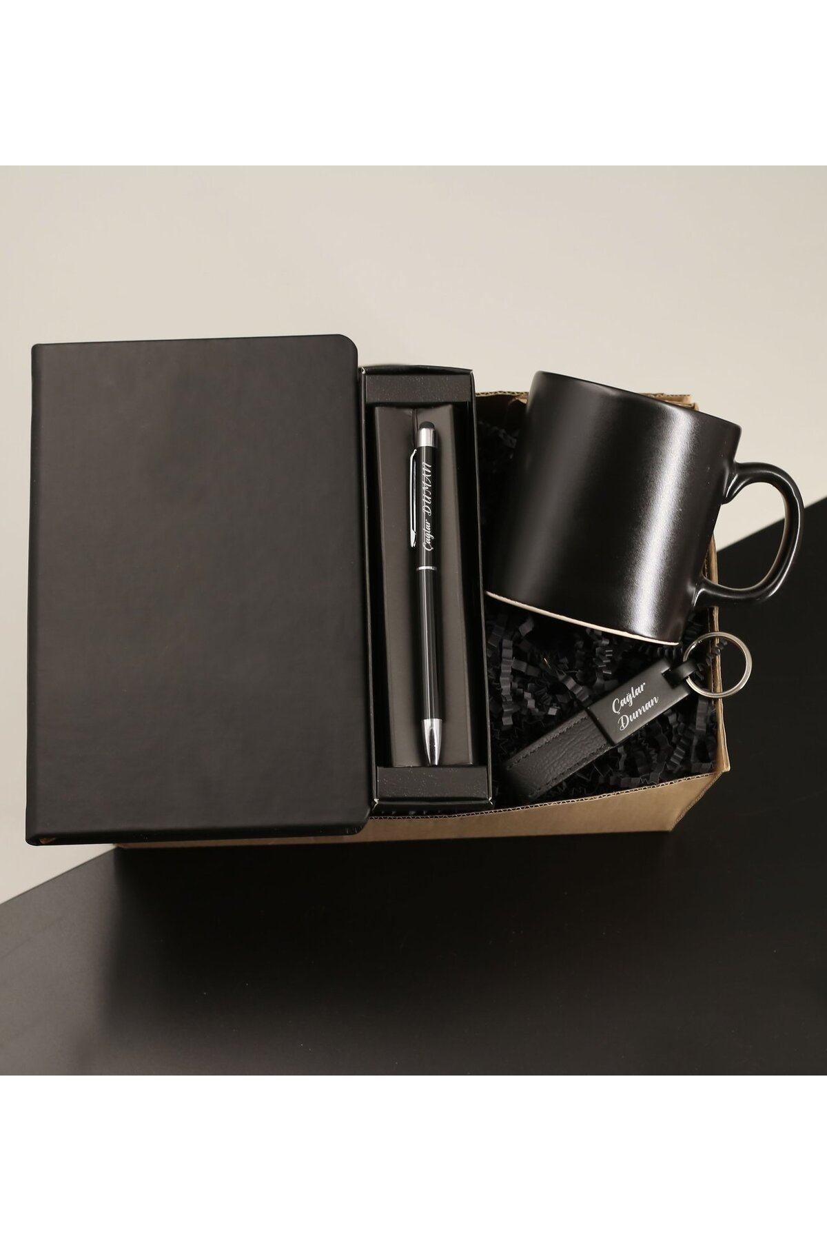 Black Notebook & Personalized Touch Pen & Personalized Keychain & Cup Gift Set