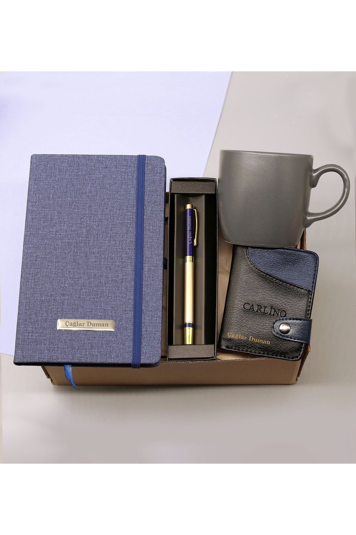 Personalized Dark Blue Notebook & Personalized Rollerball Pen & Cup & Personalized Card Holder Gift Set