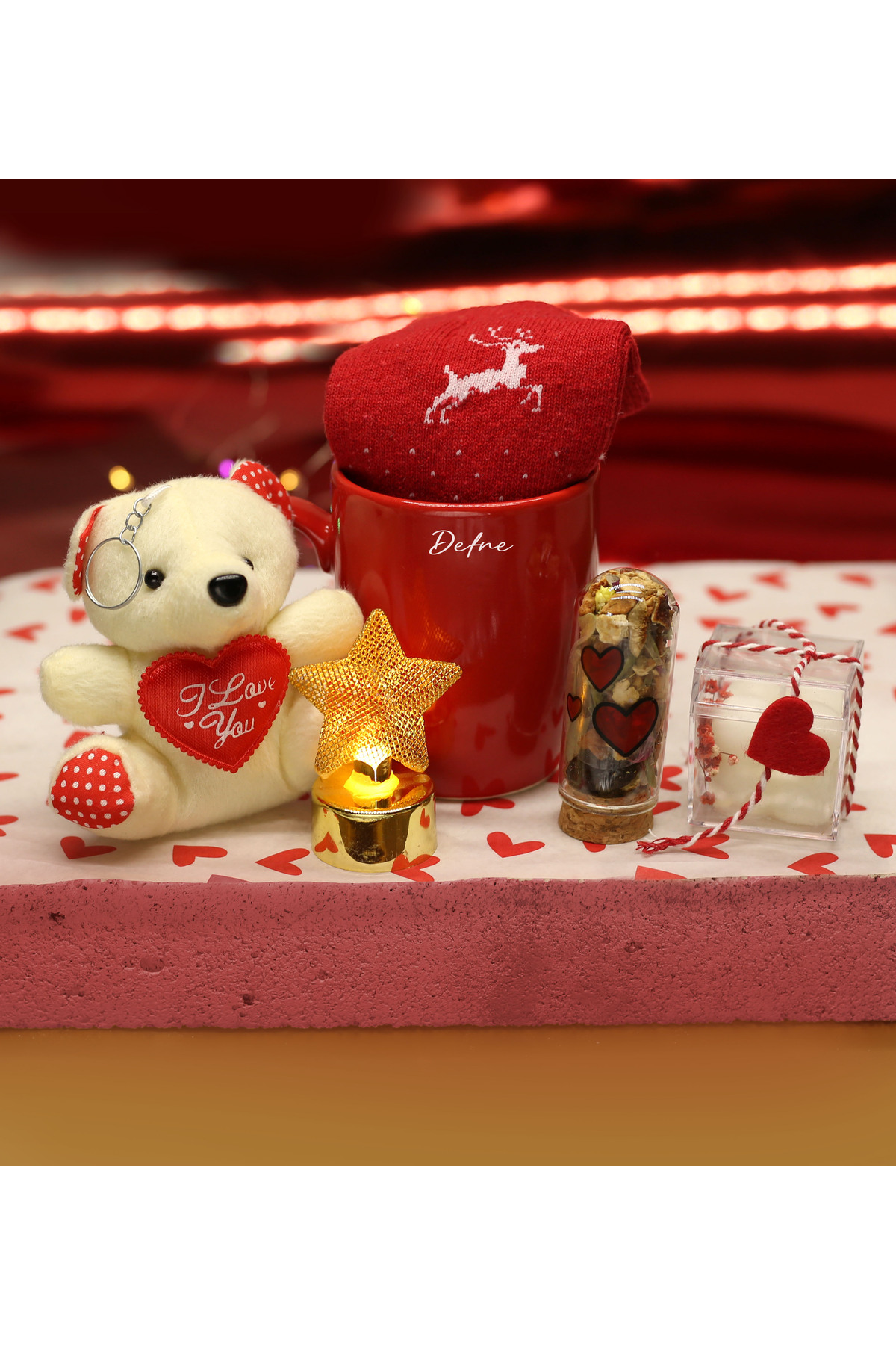 VALENTINE'S DAY Personalized Cup & Teddy Bear & Sock & Tea Tube & Candle & LED Light Gift Set