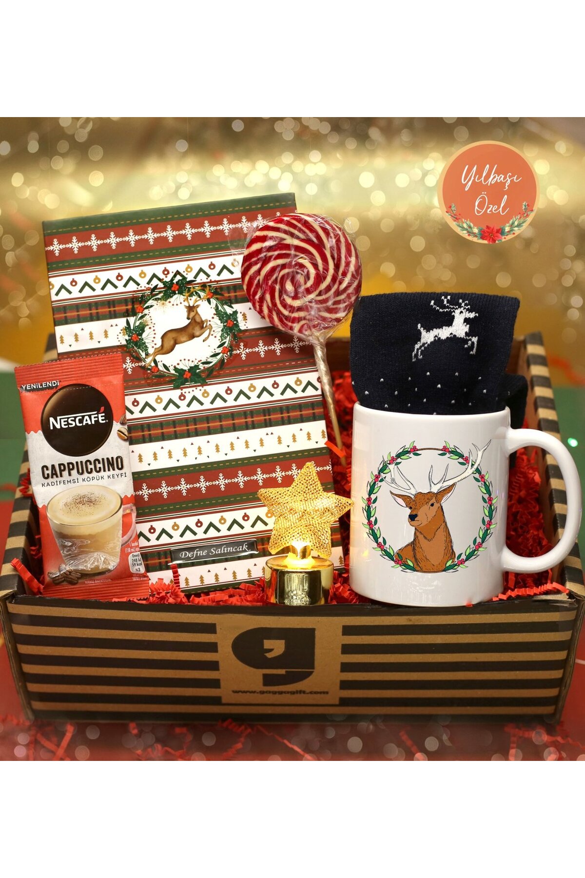 Personalized Notebook & Deer Printed Mug & Sock & Candy & Cappuccino & LED Light Gift Set