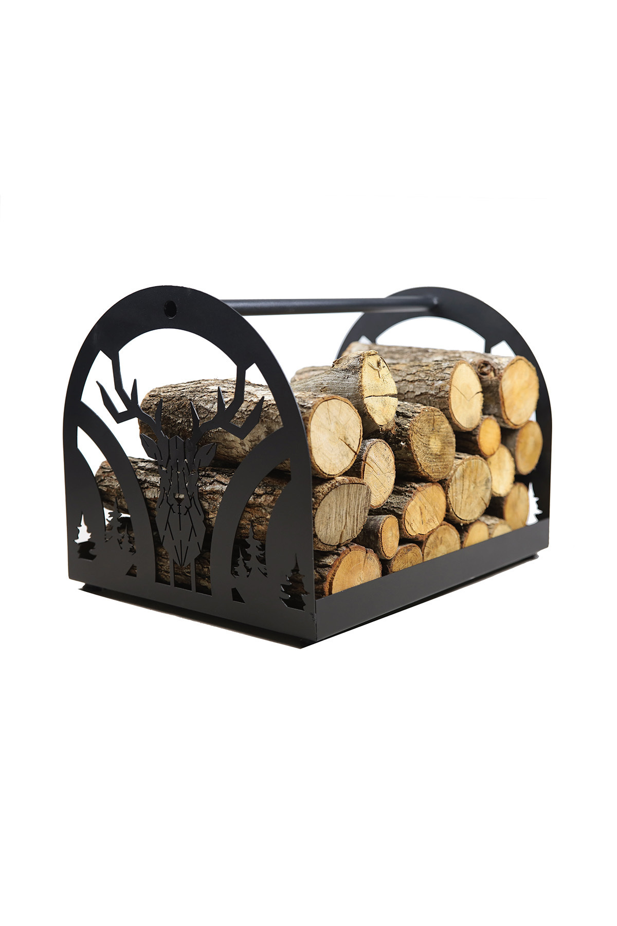 AKTÜRKLER Geyik Desenli Beşik Odunluk Ayaklı Siyah Büyük Taşıma Kulplu Dekoratif