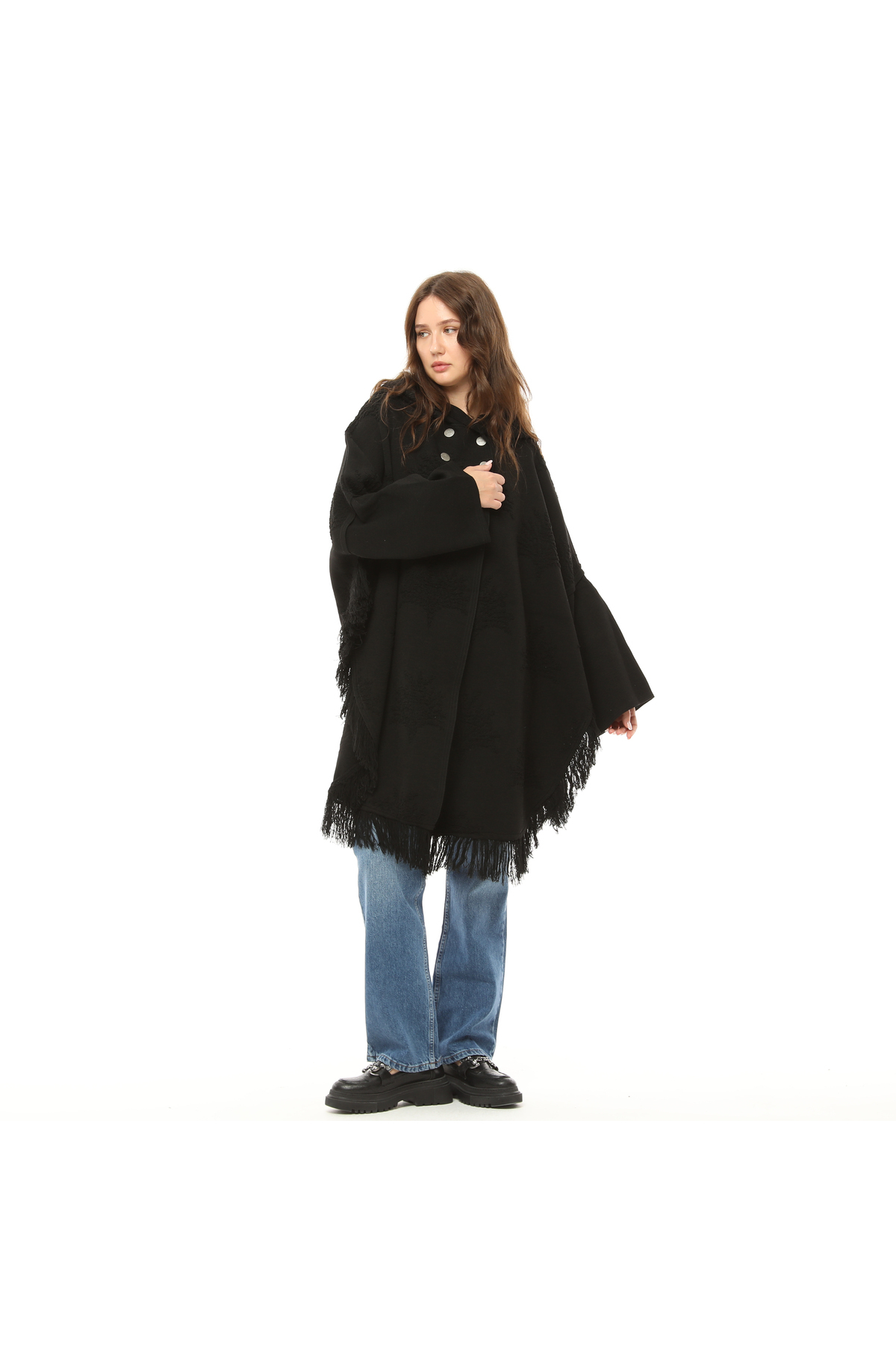 Plane Pattern Tassel Poncho-black