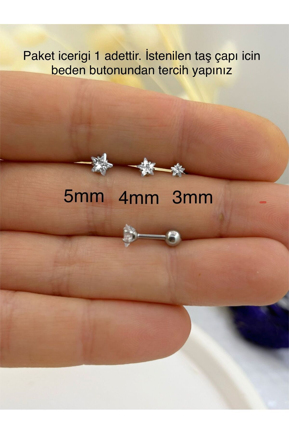 CERRAHİ ÇELİK ZİRKON TAŞLI 1 ADET YILDIZ TRAGUS HELİX KIKIRDAK LOBE UYUMLU PİERCİNG KÜPE