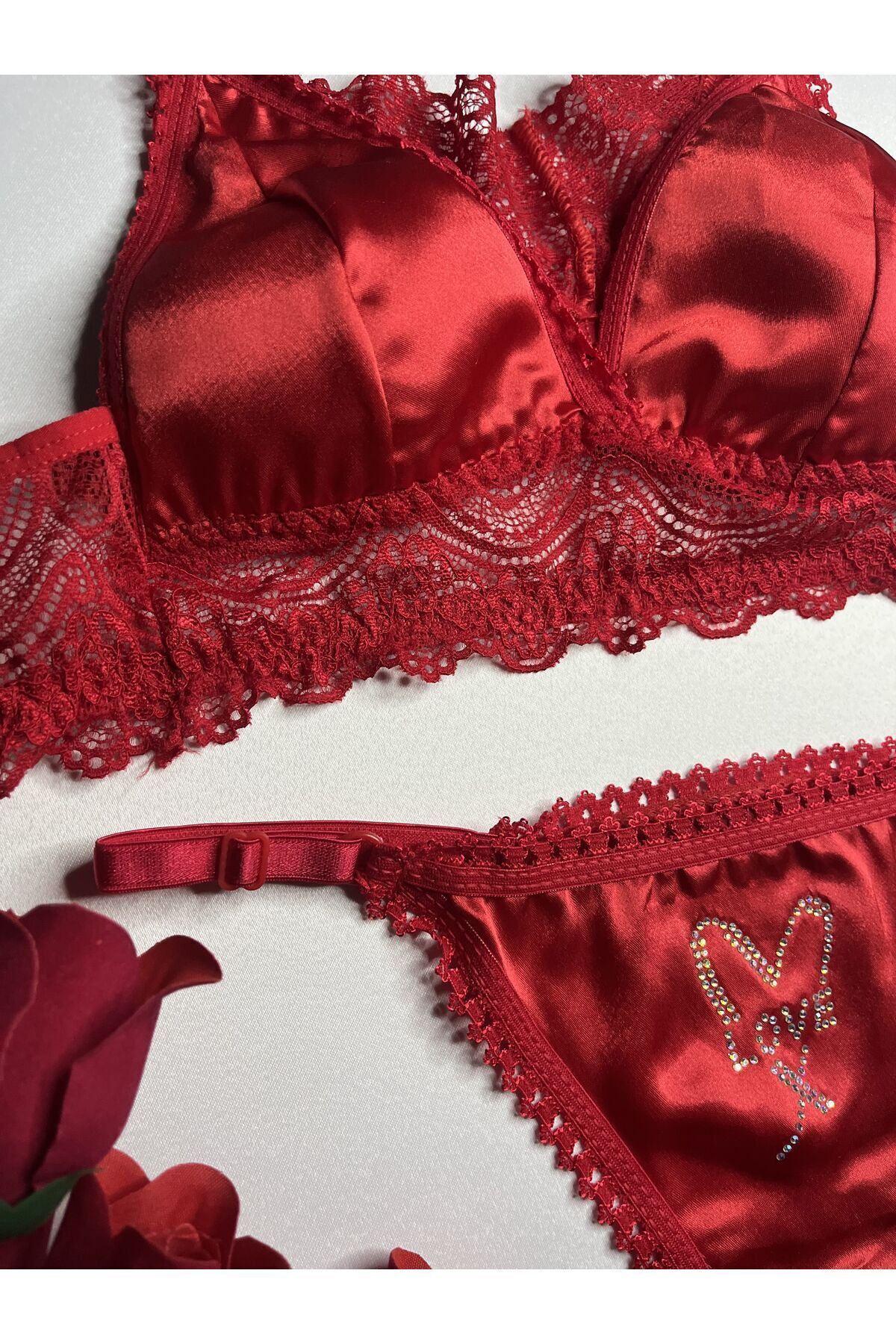 Lunary-Butterfly Model Red Satin Bra Panties Set - Women's Underwear 7
