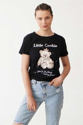 Kadın Siyah Little Cookie Baskılı Organik Pamuk Bisiklet Yaka T-shirt 21SSK38000012