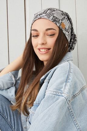 Kadın Gri Siyah Desenli Ip Detaylı 4 Mevsim Şapka Bere Buff Ultra Yumuşak Doğal Penye BG66020