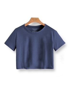 Crop Top Tişört Baskısız Örme Pamuklu Crop T-shirt Kadın Tişört trrzz-00091