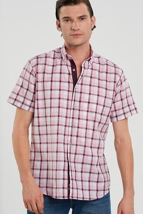 Keten Pamuk Karışımı Regular Fit Kısa Kol Bordo Ekose Erkek Gömlek Kobe DO2006055019051