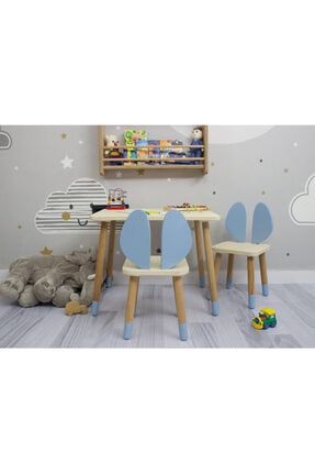 Montessori Çocuk Bebek Yaz Sil Aktivite Masa Sandalye Takımı fare_kulak_mavi_2sandalye+1masa